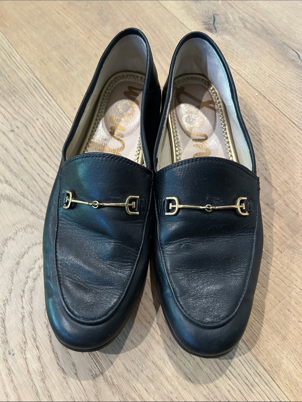 Sam Edelman Black Leather Slip-On Loafers with Gold Bit